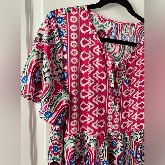 Mosul Mosaic: Pink Bohemian Print Tie Neck Ruffle Hem Dress Size Large Midi - Picture 5 of 8